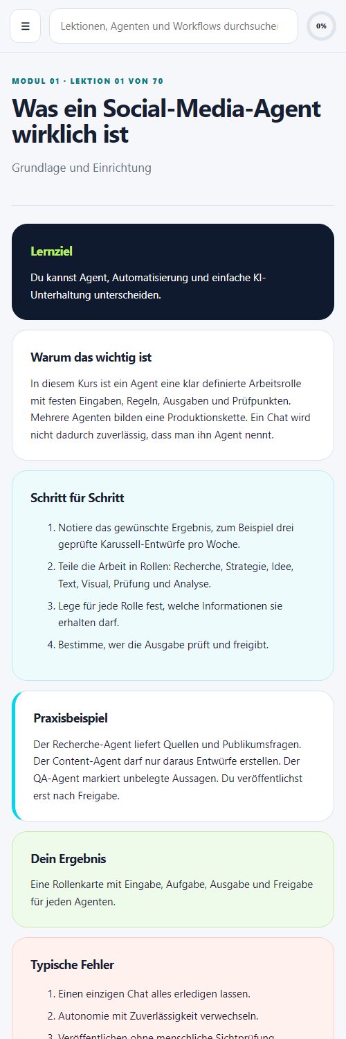 Beispiel einer Lektion aus der Social Media Agent Masterclass mit Lernziel, Schritten und Praxisbeispiel